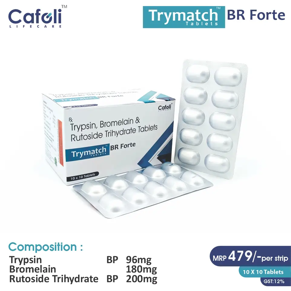 Bromelain + Trypsin + Rutoside Trymatch BR Forte Tablet at best price in PCD Pharma Franchise for Meniere